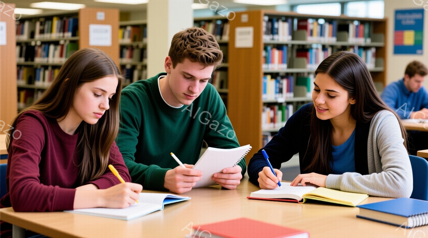 図書館で3人の学生が机を囲み、勉強に集中しています。女性はそれぞれ赤色と灰色のセーターを着ており、男性は緑色のセーターを着ています。彼らはノートや本を開いており、ペンを使って書き込んでいる様子から、真剣に学習に取り組んでいる様子が伺えます。