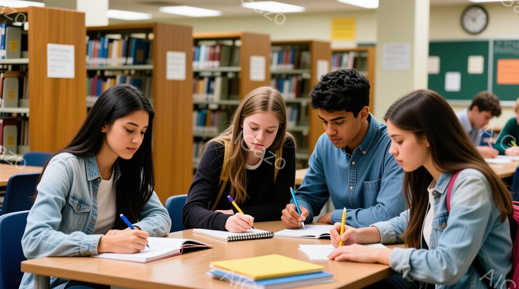 図書館でノートに向かい、集中して勉強している若い学生たちが写っている。彼らは皆、カジュアルな服装で、ノートにペンで書き込んでいる。背景には本棚が並び、静かで落ち着いた学習環境が広がっている。