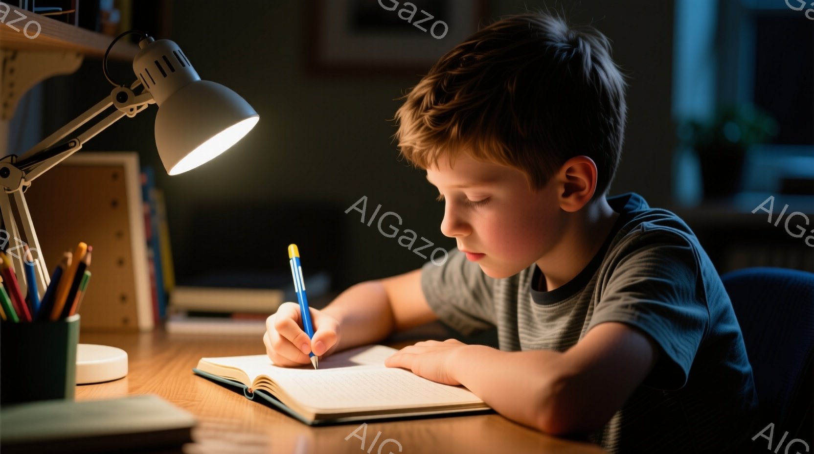 茶色の髪の少年が机に向かって何かを書いています。彼はグレーのTシャツを着ており、集中した表情でペンを手に持っています。背景にはペン立てや本があり、暖かい光が彼を照らしており、勉強に集中している静かな雰 - AI生成フリー素材