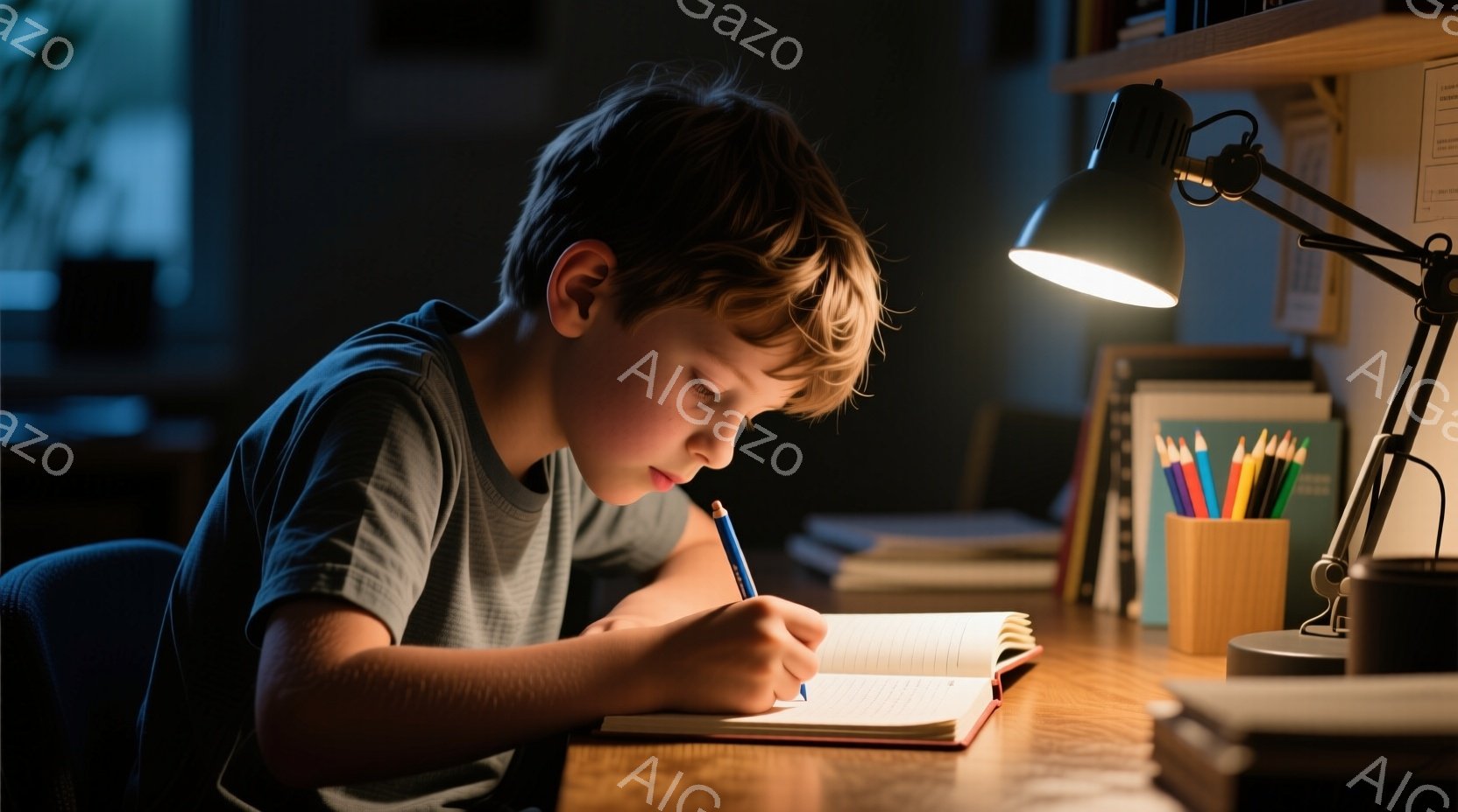 茶髪の少年が机に向かい、集中してノートにペンで書き込みをしている。彼はグレーのTシャツを着ており、少し前かがみの姿勢で、真剣な表情をしている。背景には本棚とペン立てが見え、デスクライトが暖かく照らし出し、学習に集中している静かな夜の雰囲気である。