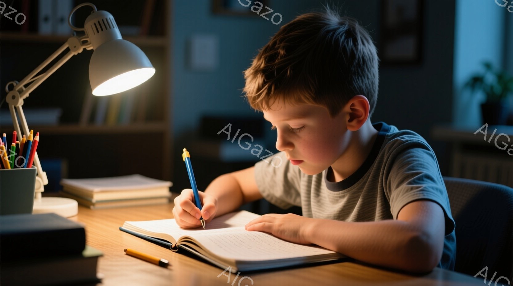 少年は机に向かってノートに書き込みをしている。彼はグレーのTシャツを着ており、髪は短く整えられている。机の上には開いたノート、鉛筆、色鉛筆、そしてデスクライトがあり、集中して学習している様子が伝わってくる。