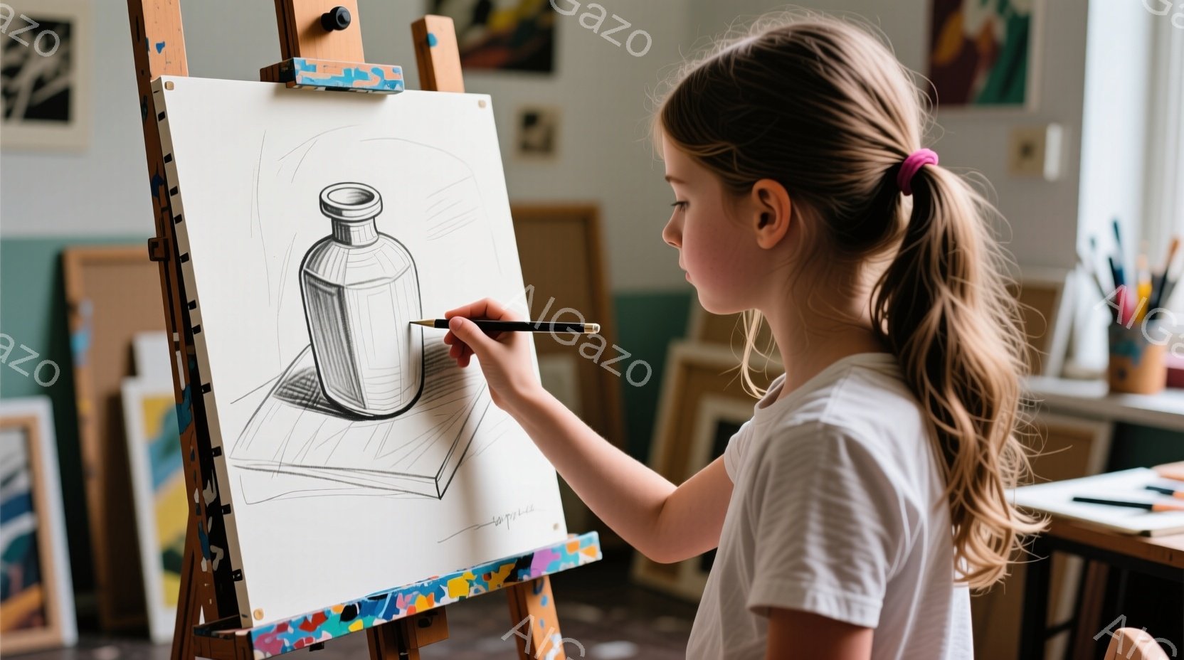 金髪をポニーテールにした少女が、イーゼルに立てられたキャンバスに向かって集中して絵を描いている。白いTシャツを着ており、細い線で描かれた瓶の静物画に注意を払っている。背景には、他の絵画や画材が見え、明るく穏やかな雰囲気のワークショップやアトリエのようである。