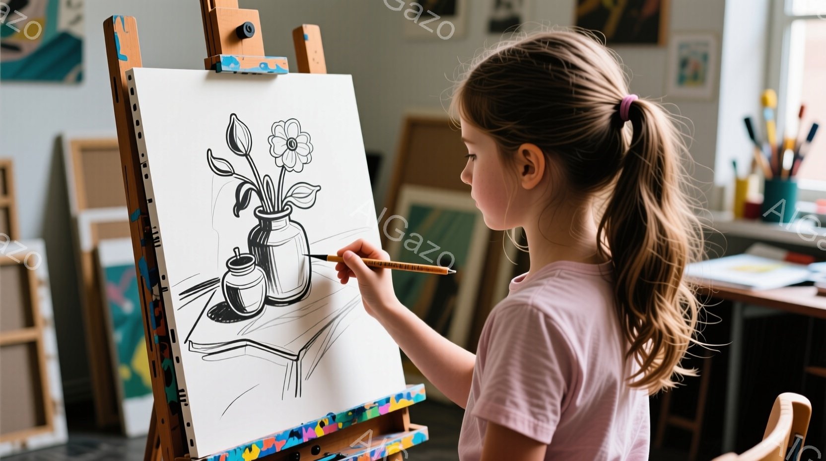 茶色の髪をポニーテールにした少女が、イーゼルに立てられたキャンバスに向かって何かを描いています。彼女は薄いピンク色のTシャツを着ており、集中した表情で筆を握っています。背景には他の絵画や画材が見え、明るく芸術的な雰囲気の部屋であることがわかります。