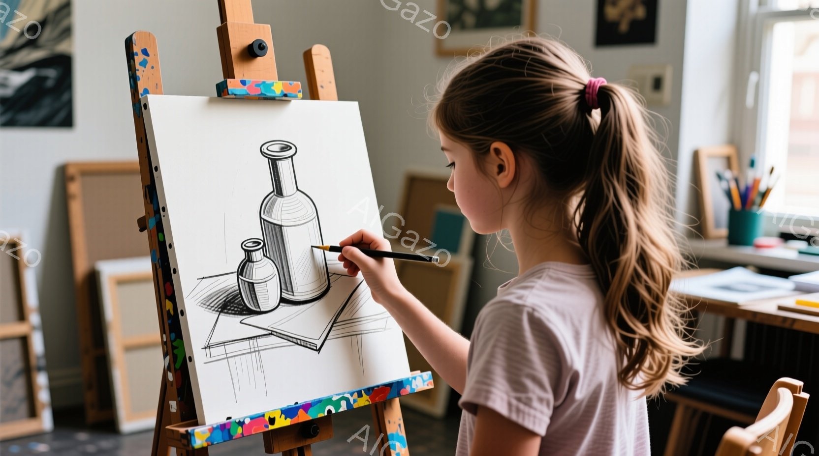 茶色の髪をポニーテールにした少女が、イーゼルに立てかけられたキャンバスに鉛筆でスケッチをしている。彼女は紫色のシャツを着ており、集中した表情で静物画を描いている。背景には、絵画用具や他のキャンバスが見え、明るく穏やかな雰囲気の部屋で、芸術的な活動に没頭している様子が伺える。
