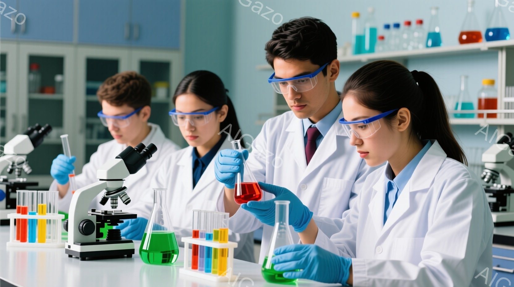 白衣とゴーグルを着用した四人の研究者が実験室で作業している様子が写っている。彼らは試験管やビーカー、顕微鏡などを用いて液体を観察したり、分析したりしているようで、真剣な表情で研究に集中している。背景には試薬が入った棚があり、実験室の清潔で専門的な雰囲気が漂っている。