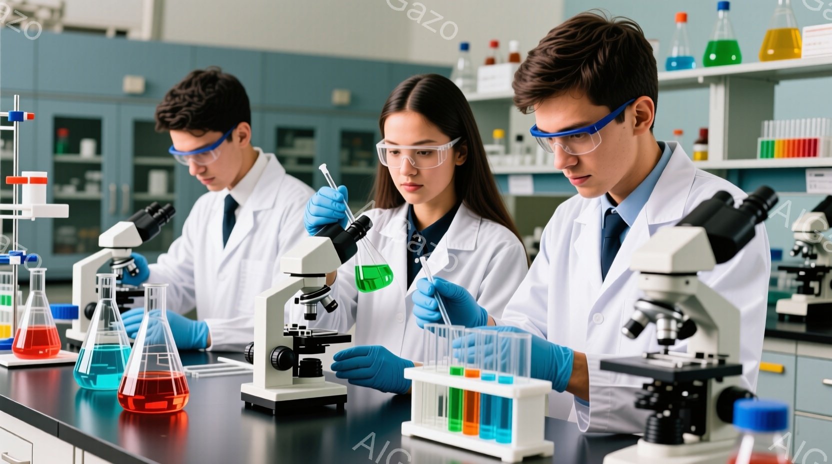 白衣を着た若い研究者たちが、青色のニトリル手袋を着用し、顕微鏡と試験管を使って実験を行っています。彼らは真剣な表情で、緑色の液体が入った試験管を注意深く扱っています。背景には様々な色の液体が入った試験管や、実験器具が並び、研究室の様子が伺えます。