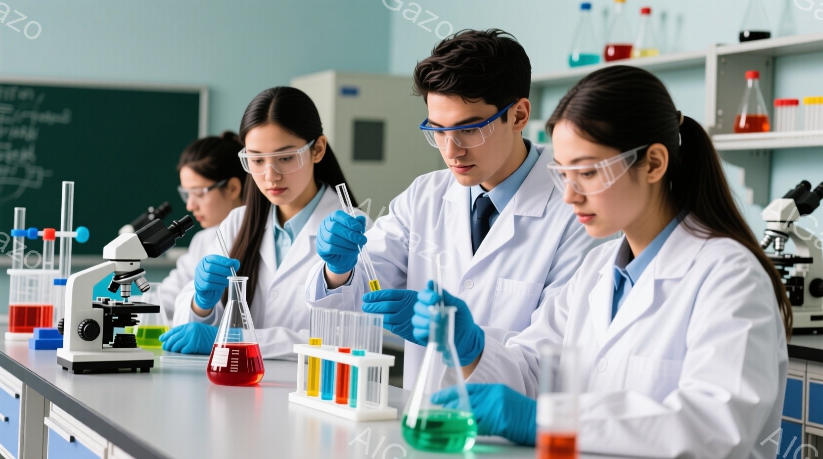 研究室で実験を行う三人の若い科学者が写っている。彼らは白衣と青い手袋を着用し、保護メガネをかけている。試験管やフラスコ、顕微鏡が置かれた実験台の周りで、注意深く実験に取り組んでいる様子が伺える。