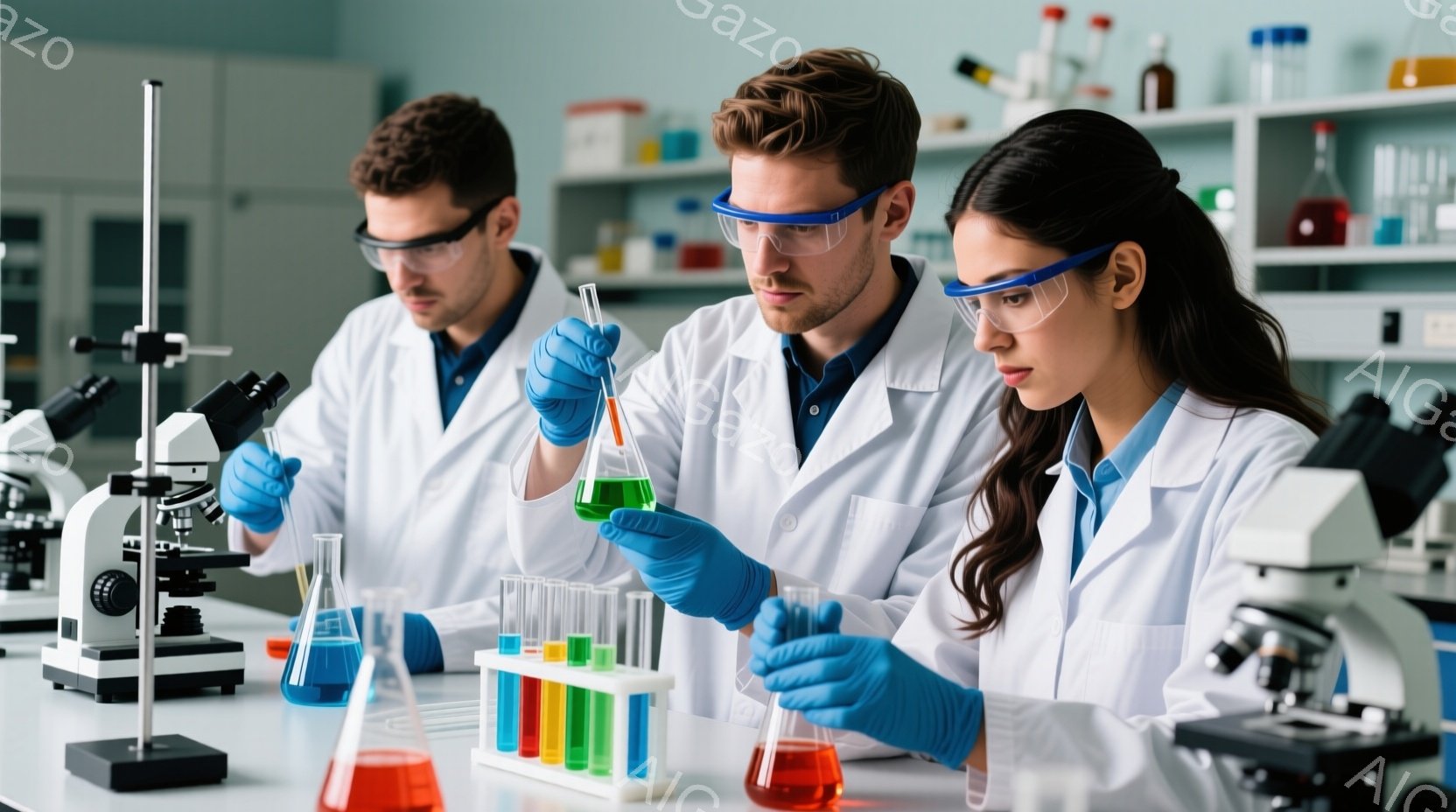 研究室で実験を行う3人の科学者が写っている。彼らは白衣と青い手袋を着用し、ゴーグルで目を保護している。試験管立てには様々な色の液体が入った試験管が並び、彼らは注意深く実験に取り組んでいる様子が窺える。
