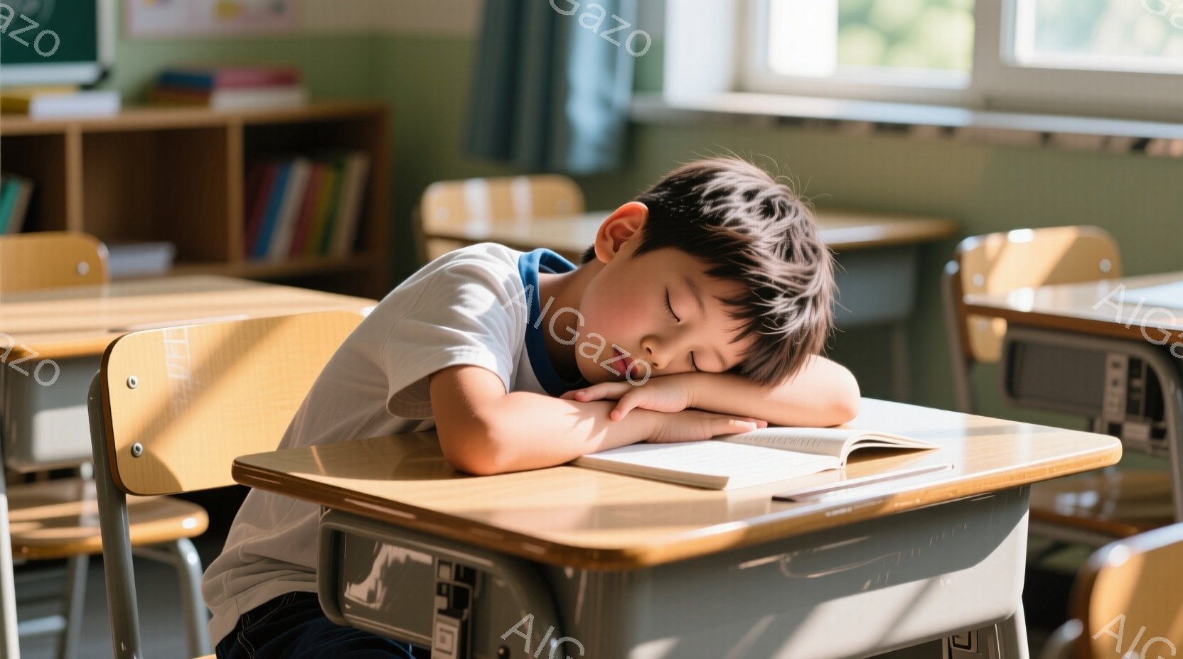 茶色の木製机に顔を伏せて男の子が眠っています。彼は白地に青いストライプのTシャツと濃い色のズボンを着用し、短く整えられた黒髪をしています。背景には他の机や本棚が見え、教室の穏やかで静かな雰囲気が感じられます。