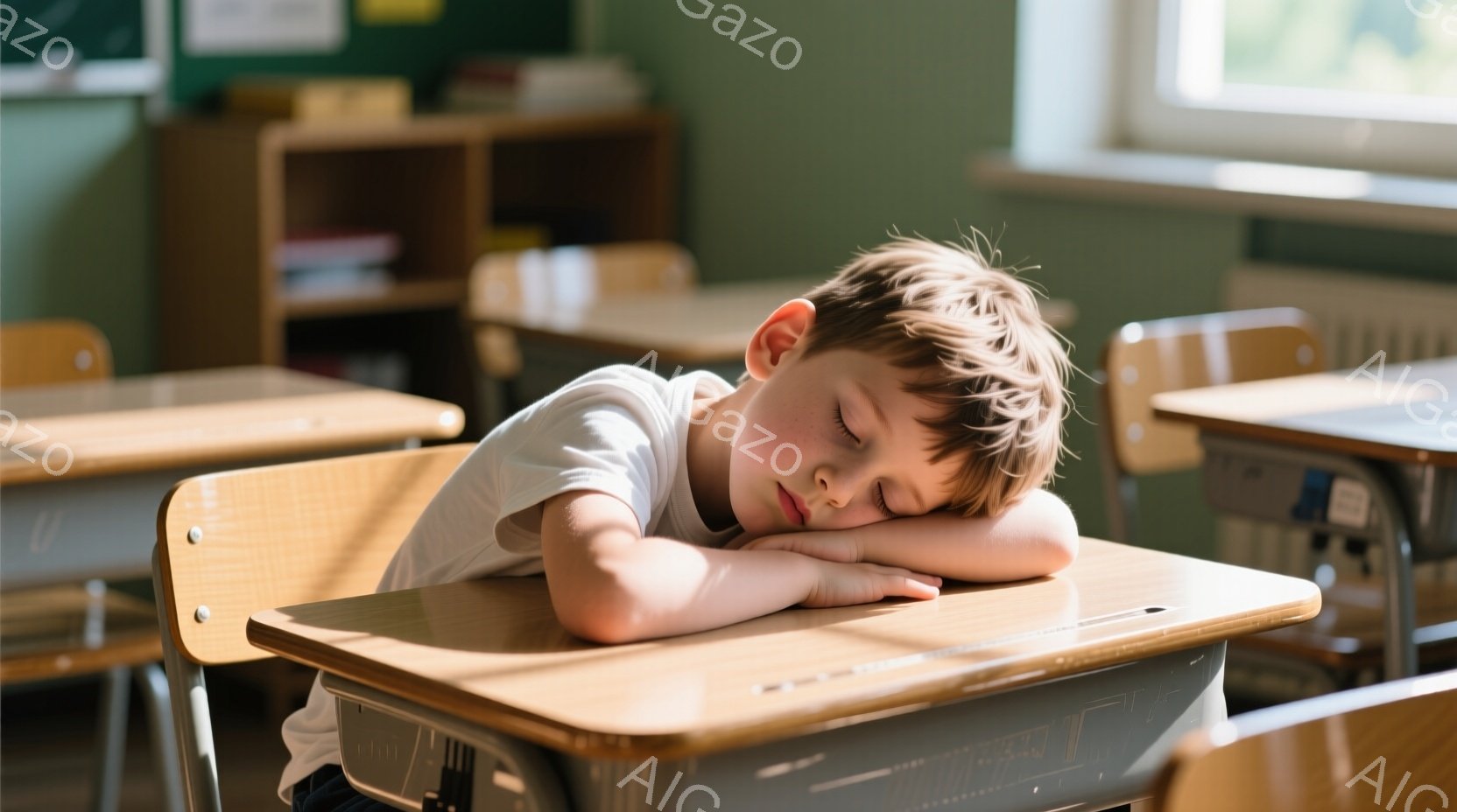 茶髪の少年が教室の机に突っ伏して眠っています。白いTシャツを着ており、顔は机に埋まってほとんど見えません。背景には他の机と本棚があり、教室の穏やかな雰囲気が伝わってきます。
