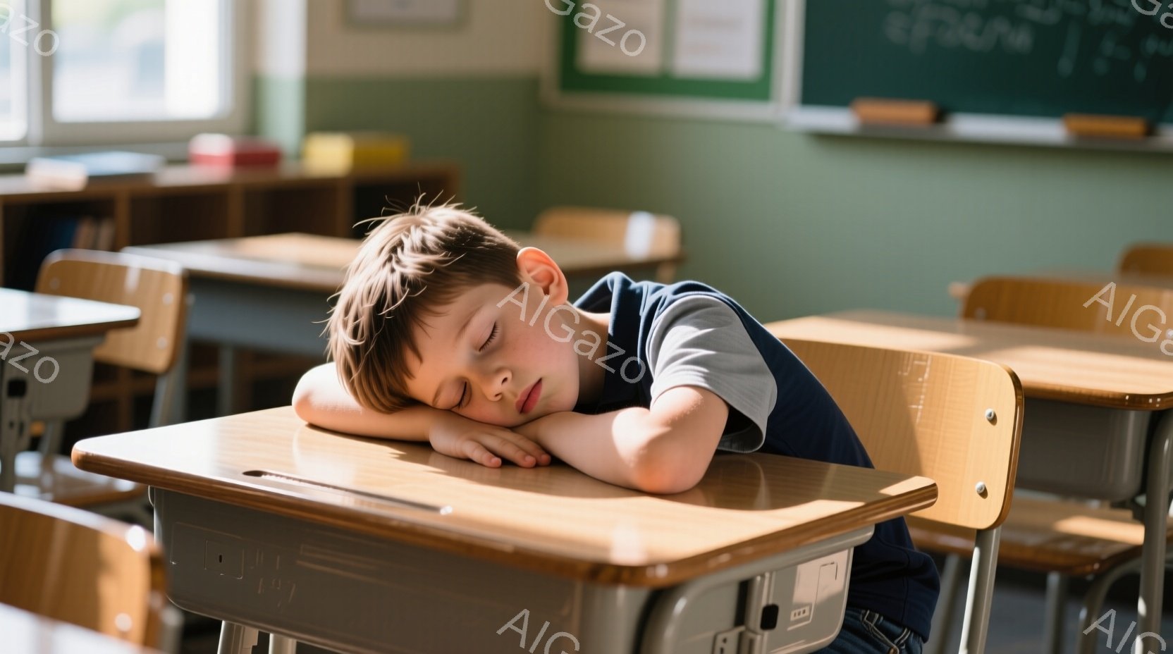 茶髪の少年が教室の机に突っ伏して眠っています。青いTシャツと紺色のズボンを着用し、疲れた様子で顔を腕で覆っています。背景には他の机と椅子が並び、緑色の壁と黒板が見え、教室の穏やかな雰囲気が感じられます。