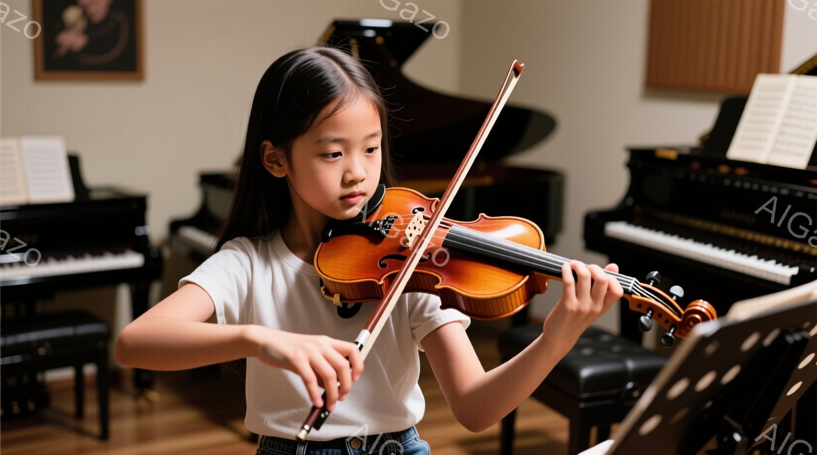茶髪の少女がバイオリンを演奏しています。白いTシャツとジーンズを着ており、真剣な表情で楽譜を見つめながら、姿勢を正して楽器を構えています。背景には黒のピアノと楽譜スタンドがあり、室内で音楽に集中している様子が伺えます。