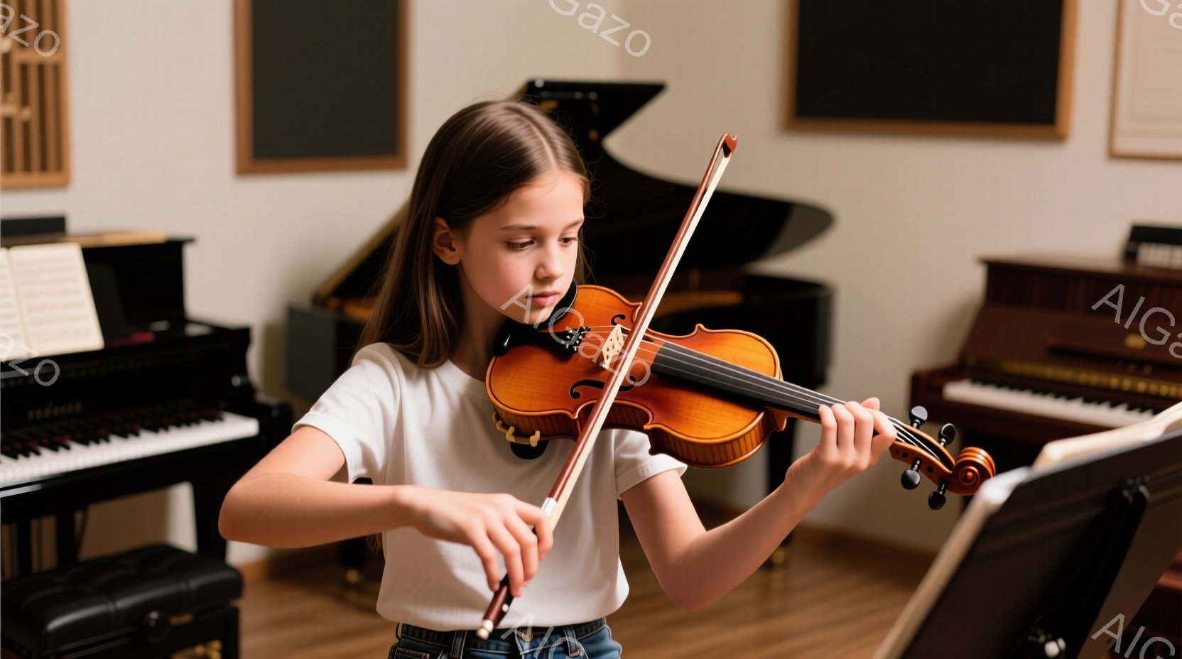少女はバイオリンを演奏しており、真剣な表情で集中しています。白いTシャツとジーンズを着ており、長い髪は後ろでまとめています。背景にはピアノが複数あり、音楽室のような空間であることがわかります。
