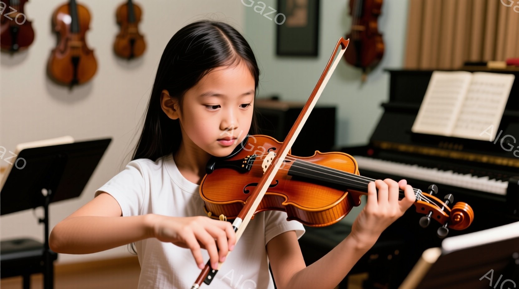 若い女性がバイオリンを演奏している様子が写っています。彼女は白いTシャツを着ており、長く黒い髪を後ろでまとめています。背景にはピアノと壁に掛けられた他のバイオリンが見え、集中して演奏に取り組む真剣な表情が印象的です。