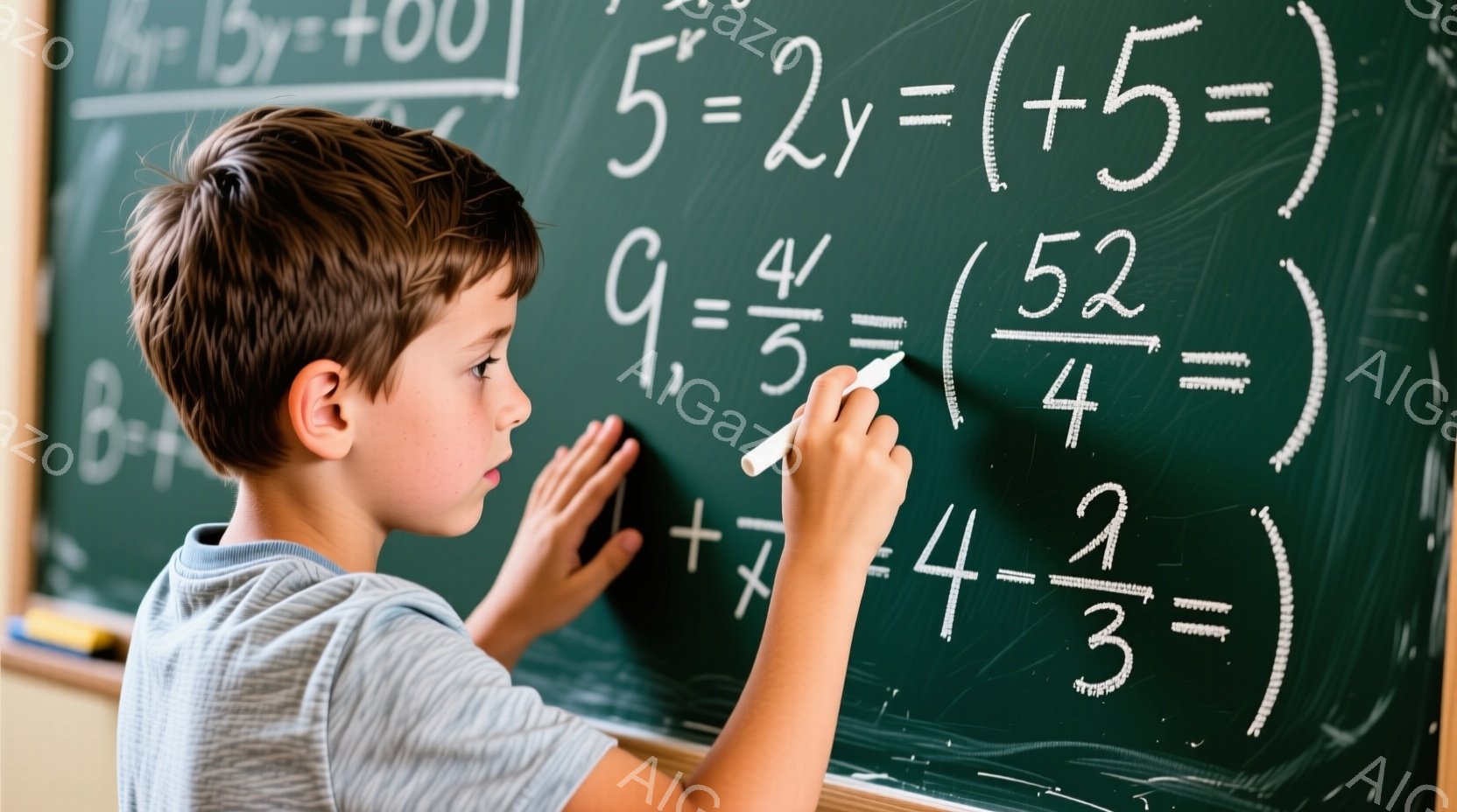 茶髪の少年が黒板の前で立っており、白いシャツを着ています。彼はチョークを持って数式を書き込んでおり、真剣な表情で集中しています。背景にはさまざまな数式が書かれた黒板と、教室の一部の様子が見えます。
