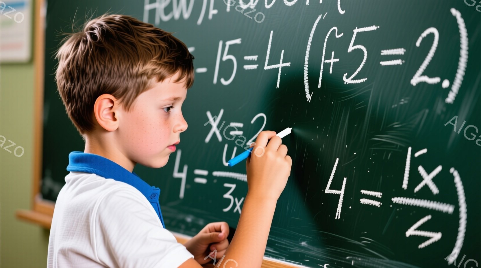 茶髪の少年が黒板の前で方程式を解いています。青い襟付きのシャツを着ており、少し考え込んでいるような表情をしています。背景には数学の式が書かれた黒板と、少しぼやけた教室の様子が見えます。 - AI生成フリー素材