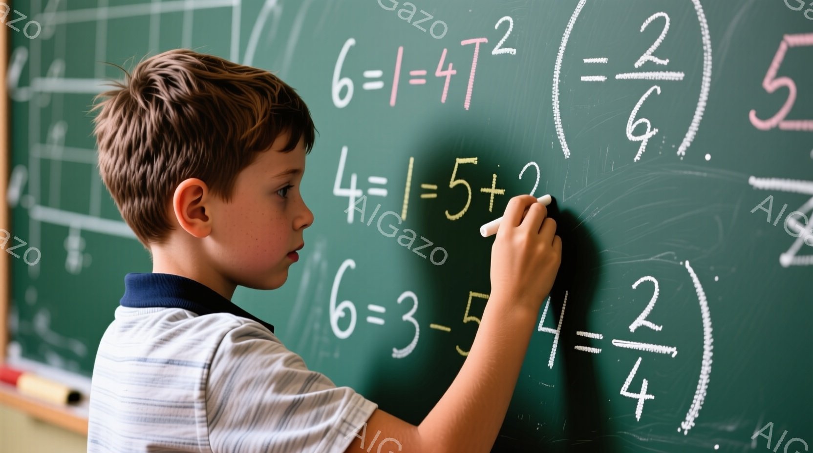 茶髪の少年が黒板に向かって立っており、チョークで数式を書き込んでいる。彼は青い襟のシャツを着ており、集中した表情で数式に没頭している。背景には様々な数式が書かれた黒板が広がり、教室の雰囲気が感じられる。