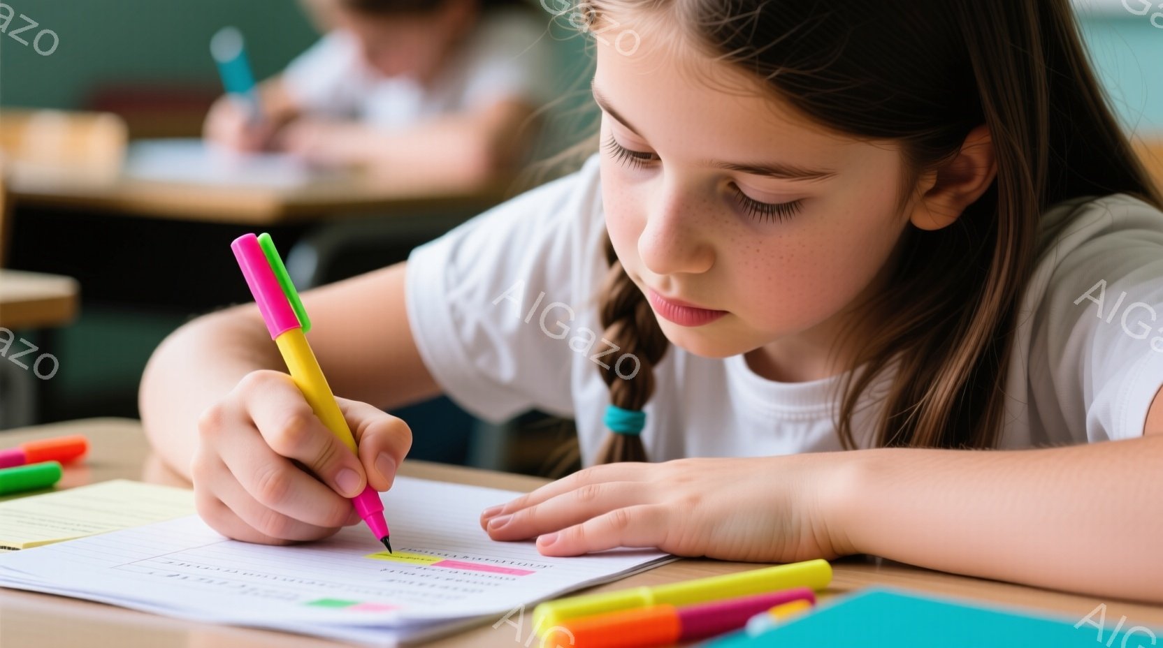 茶髪を三つ編みにした少女が、集中して何かを書き込んでいる様子が写っている。机の上には、様々な色の蛍光ペンと、書き込みのある用紙が置かれ、学習に励む姿が伺える。背景には、他の生徒と机がぼんやりと見え、教室の穏やかな雰囲気が漂っている。