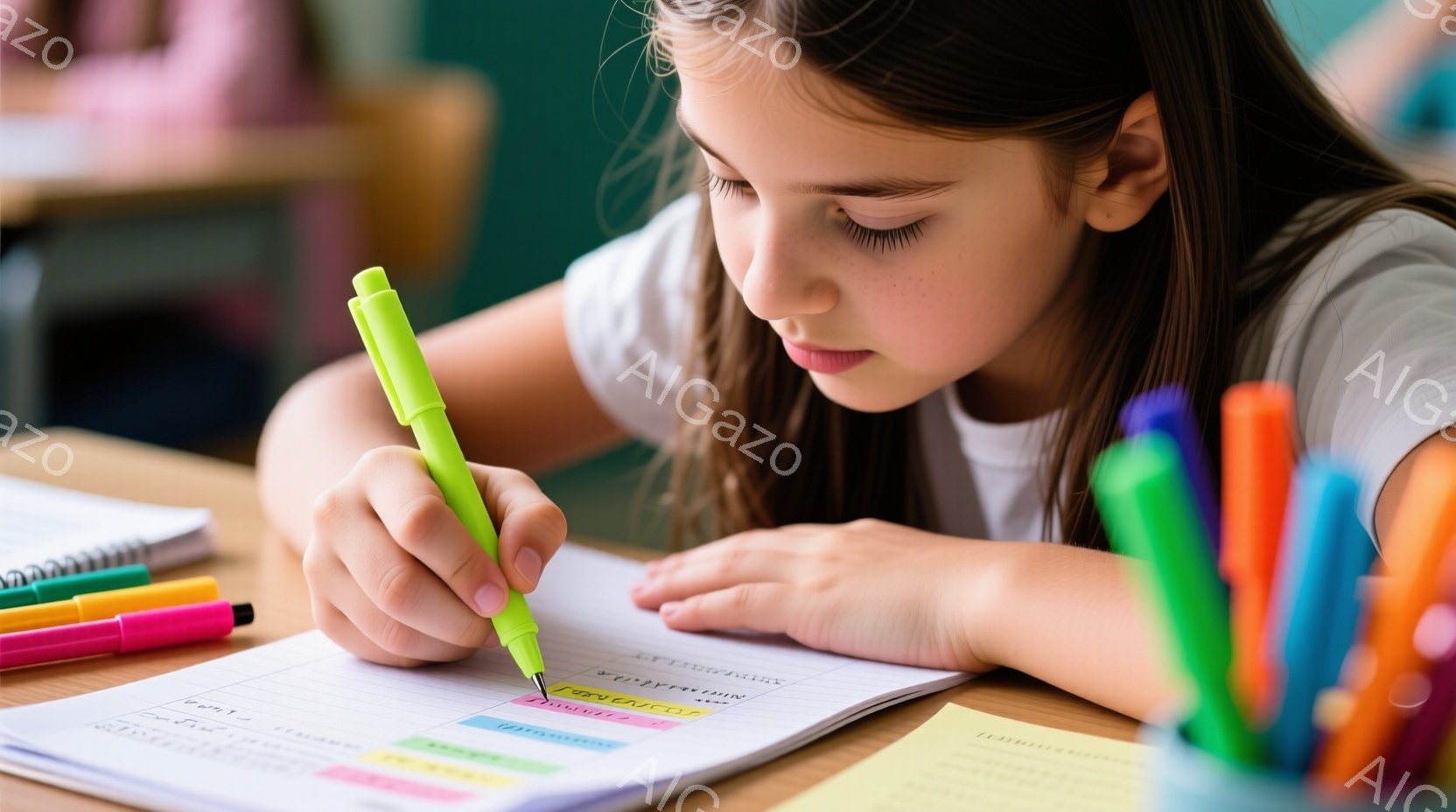 若い女の子が机に向かって書き込みをしている様子が写っている。彼女は緑色のペンを手に持ち、集中した表情でノートに文字を書き込んでいる。背景にはカラフルなペンが詰まったペン立てと、開いたノートがいくつか見え、学習に集中している雰囲気が漂っている。