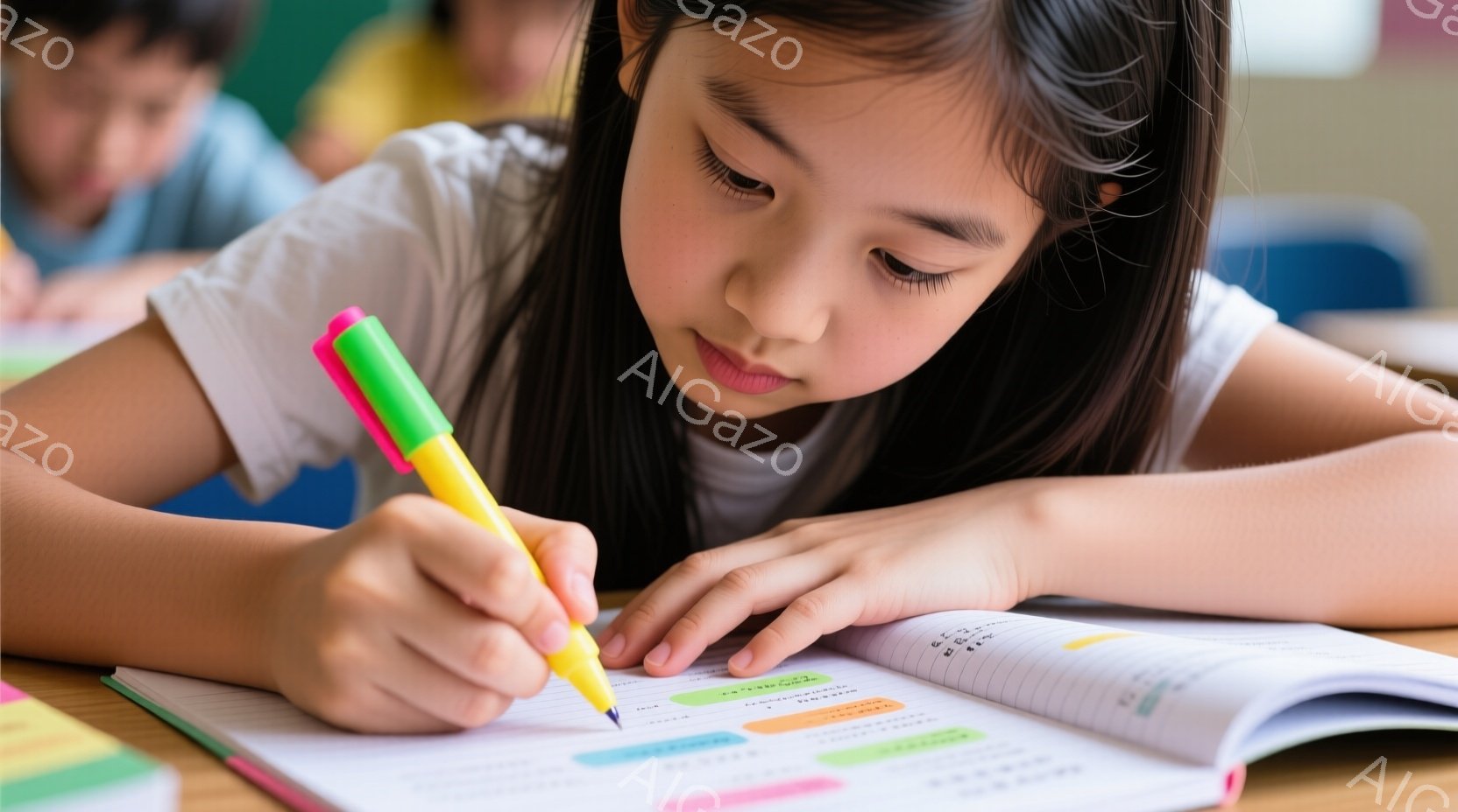 黒髪の少女が、集中した表情で開いた教科書に蛍光ペンで線を引いています。彼女は白いTシャツを着ており、机に前かがみになり、学習に熱心に取り組んでいます。背景には、他の生徒と机がぼんやりと見え、教室の学習風景が伝わってきます。