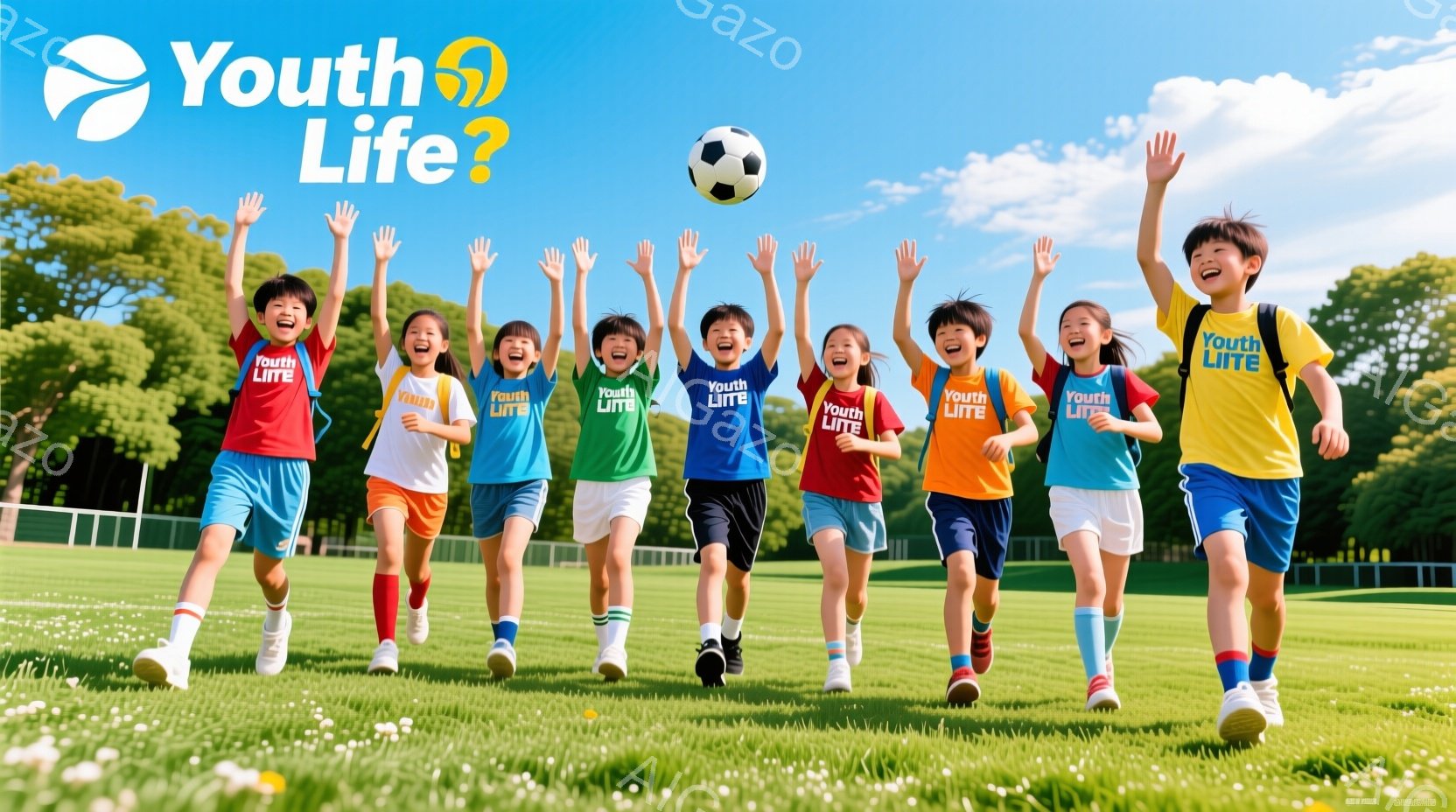 鮮やかな緑の芝生の上を、カラフルなTシャツを着た子供たちが両手を上げて走っている様子が写っている。彼らは皆、笑顔で、それぞれ赤、オレンジ、黄色、青、緑色の服を着ており、活気に満ちた雰囲気を醸し出している。背景には木々が茂り、青空が広がり、晴れた日のスポーツイベントを連想させる。