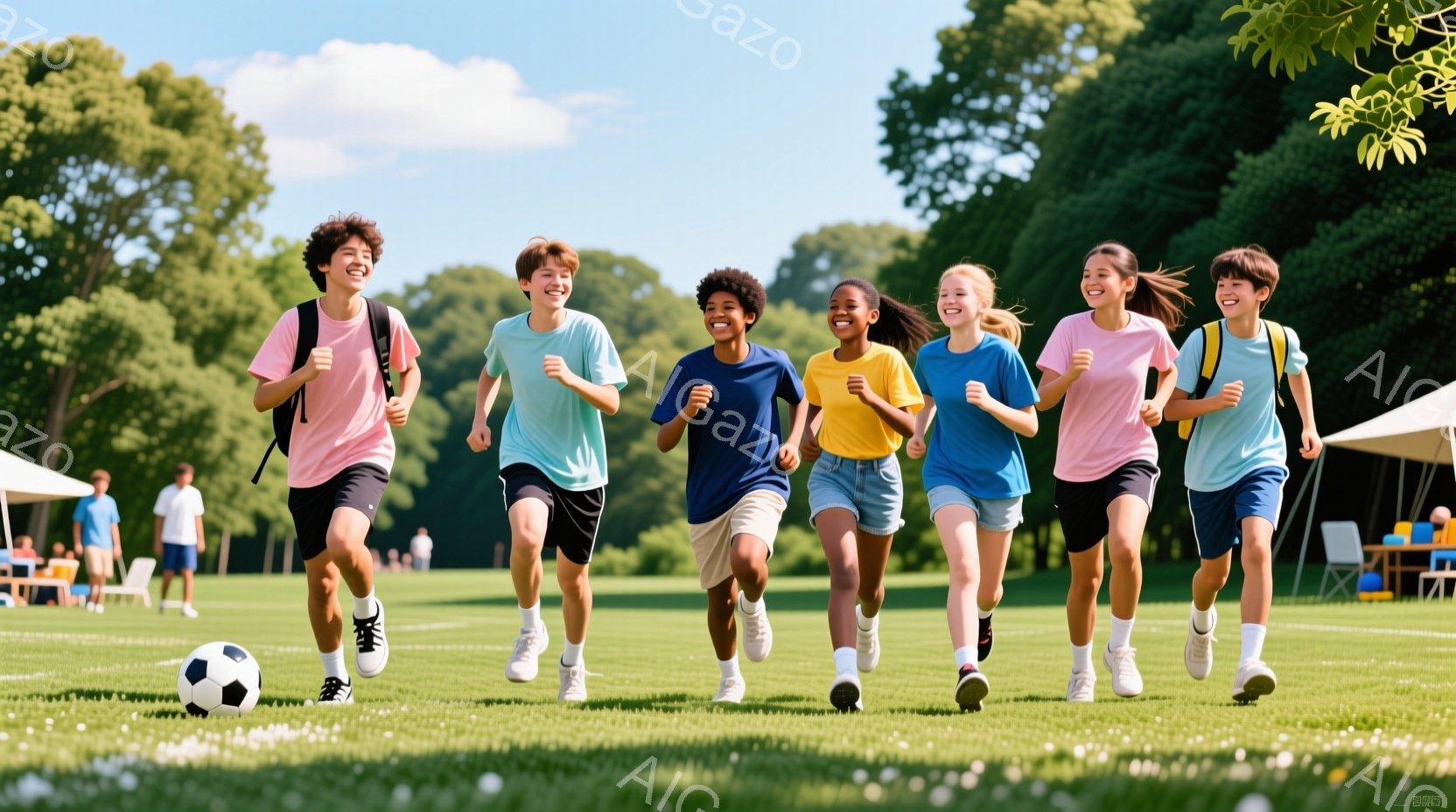 複数の子供たちが緑の芝生の上を走っており、それぞれ明るい色のTシャツとショーツ、またはデニムのショーツを着用しています。彼らは皆笑顔で、走ることに興奮している様子が伝わってきます。背景には木々が生い茂 - AI生成フリー素材