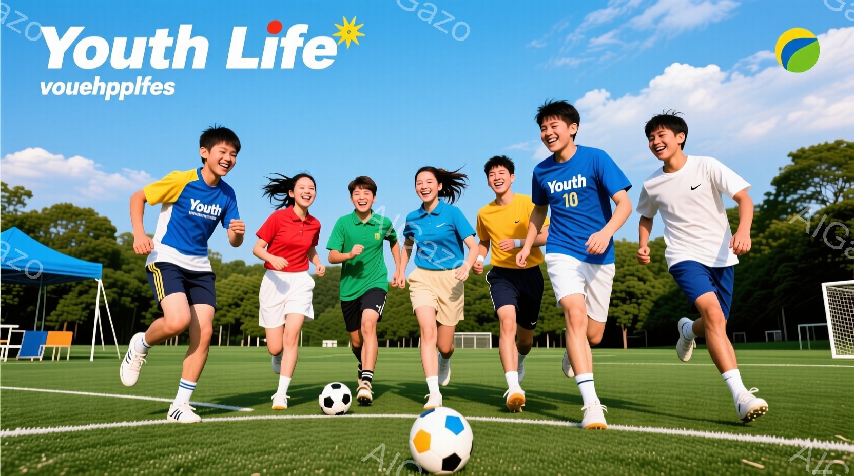 若者たちがサッカーコートを走り、笑顔を浮かべている様子が写っている。彼らはそれぞれオレンジ、緑、青、黄色のスポーツウェアと白いショートパンツを着用し、短髪またはポニーテールにしている。背景には緑豊かな芝生、青い空、そして遠くに見える建物があり、晴れた日の活気に満ちた雰囲気を醸し出している。