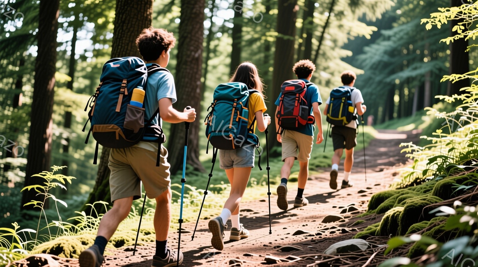 険しい森の中をハイキングする4人のグループが写っている。彼らはそれぞれバックパックとトレッキングポールを装備し、青い空を通して木漏れ日が差し込む土道を歩いている。緑豊かな自然に囲まれ、活気に満ちたアウ - AI生成フリー素材