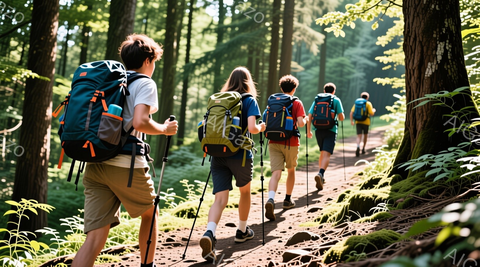 複数のハイカーが森の中の道を歩いている様子が捉えられています。彼らは皆、バックパックを背負い、トレッキングポールを持っており、ベージュ色のショートパンツと白いTシャツを着ています。周囲は緑豊かな植物に覆われ、木漏れ日が差し込み、静かで穏やかな雰囲気が漂っています。