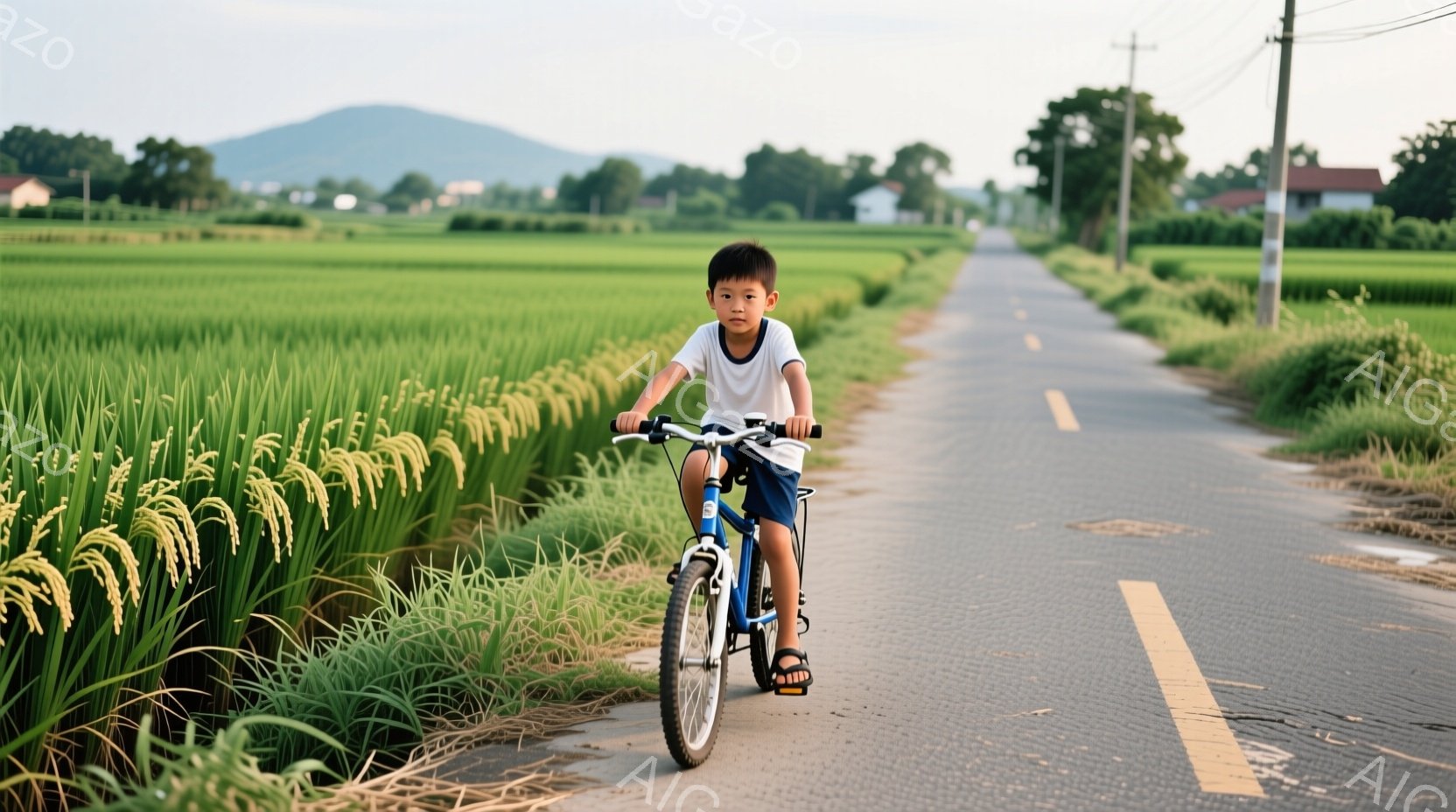青い自転車に乗った少年が、緑豊かな田んぼの脇を通るアスファルトの道をまっすぐ進んでいる。少年は白いTシャツと青い短パンを着ており、黒いサンダルを履いている。背景には、緑の田んぼ、遠くの山々、そして青空が広がり、穏やかで平和な田園風景が広がっている。