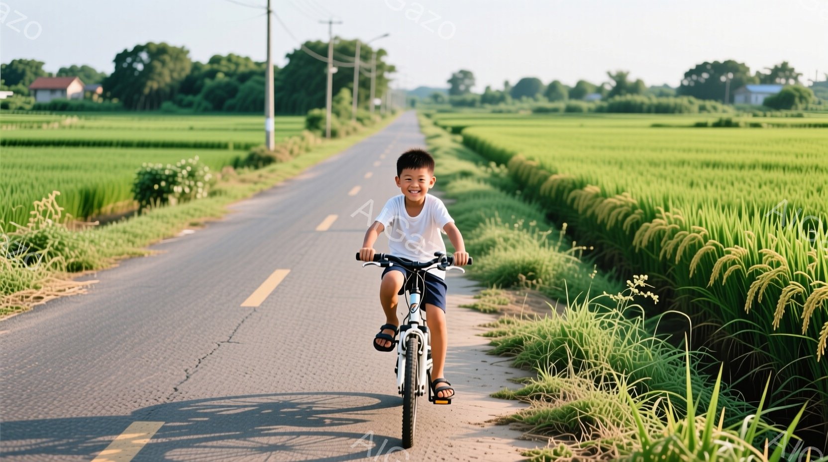 少年は、浅い緑色の道路を自転車に乗って前進しています。白いTシャツと黒いサンダルを履き、明るい笑顔を見せており、活気に満ちた表情です。背景には、緑豊かな田んぼが広がり、遠くには建物が見え、晴れた日の穏やかな田園風景を伝えています。