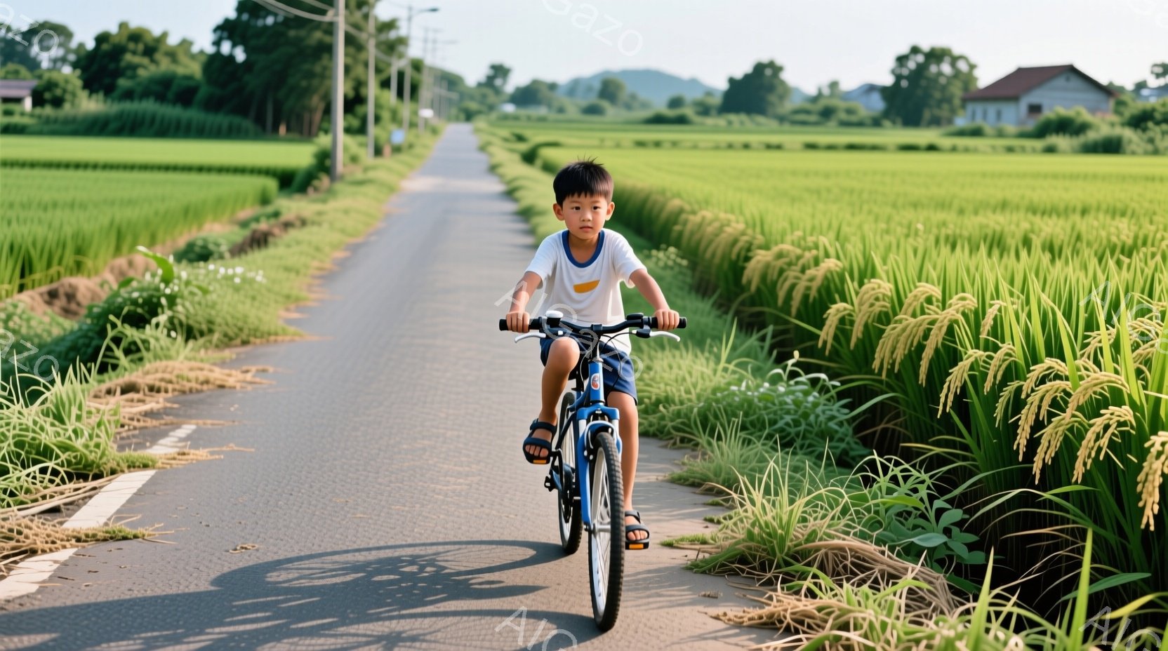 少年はアスファルトの道で自転車に乗っている。彼は白いシャツに青い短パン姿で、短髪である。背景には緑豊かな田んぼが広がり、遠くには建物が見え、晴れた日の穏やかな雰囲気が感じられる。