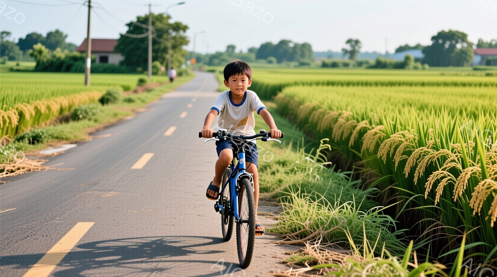 少年は青い自転車に乗ってアスファルトの道を進んでいます。彼は短い黒髪で、黄色のTシャツと黒い短パン姿で、前方をまっすぐ見つめています。背景には黄金色の稲穂が茂る田んぼと、遠くに見える建物があり、晴れた日の穏やかな田園風景が広がっています。
