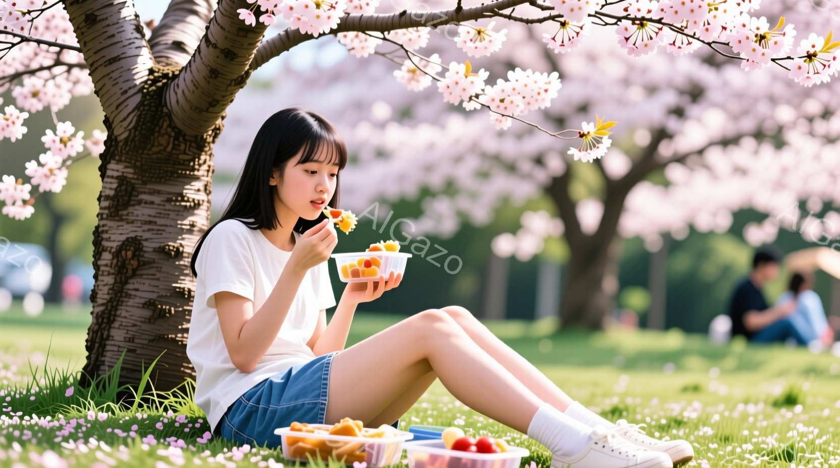若い女性が桜の木の下の芝生の上に座り、お弁当を食べている。白いTシャツとデニムのスカート、白い靴下とスニーカーを身につけ、髪は肩まで伸びた黒髪で、穏やかな表情をしている。背景には桜が満開の木々と緑の芝生が広がり、春の穏やかな日差しが感じられる。