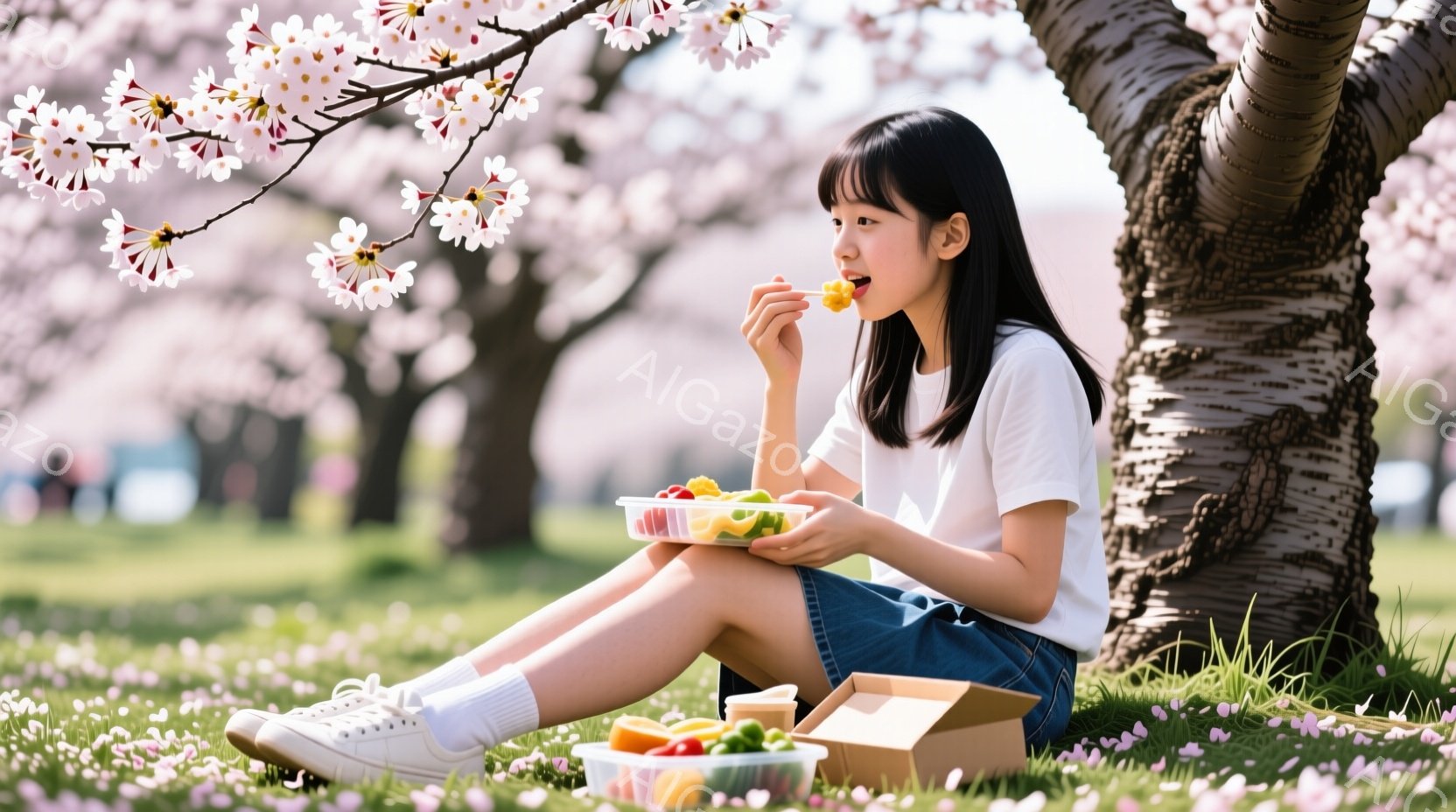 短い髪の少女が、桜の木の下でピクニックを楽しんでいる。白いTシャツとデニムのスカート、白い靴下とスニーカーを身につけ、お弁当箱からフルーツをフォークで食べている。背景には、桜の花びらが舞う緑の草地と、 - AI生成フリー素材