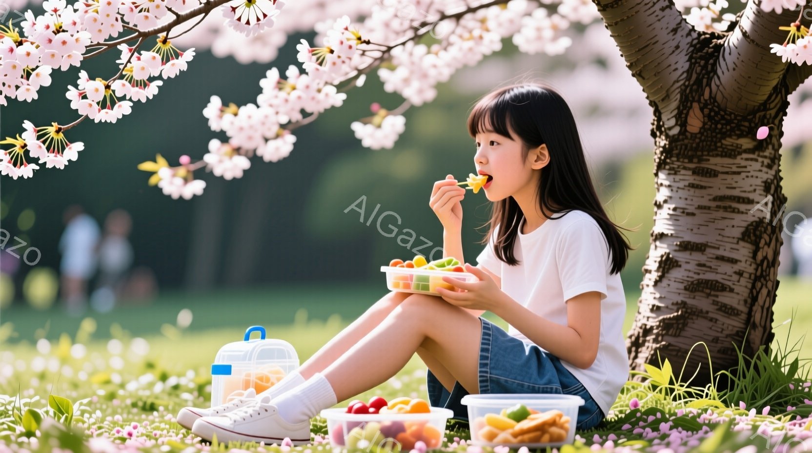 長い黒髪を後ろでまとめた少女が、桜の木の根元でピクニックを楽しんでいます。白いTシャツとデニムの短パンを履き、白いスニーカーを履いており、お弁当箱から果物をつまんでいます。背景には桜の花びらが舞い散る - AI生成フリー素材