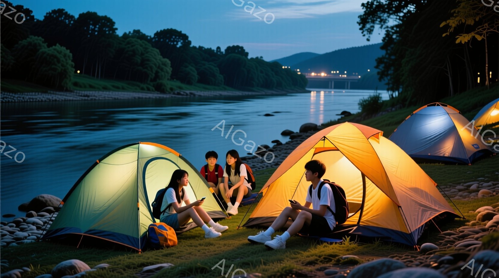 川沿いの芝生に、キャンプ用のテントが三つ並んで設置されており、その前で若い男女がリラックスして座っています。彼らはカジュアルな服装で、スマートフォンを見つめており、穏やかで親しげな雰囲気が漂っています。背景には川が流れ、遠くには建物や緑豊かな山々が見え、夜空は薄暗く、静かで平和なキャンプの光景が広がっています。