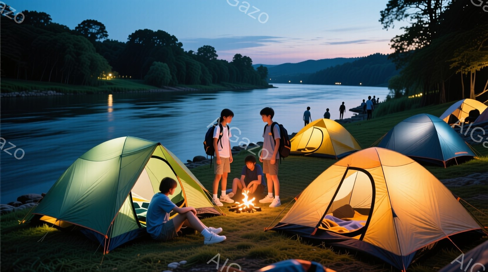 夕暮れ時の川辺でキャンプを楽しむ人々の様子が写っている。三人はカジュアルな服装で、一人が焚き火のそばに座り、二人が焚き火を囲んで話しているようだ。背景には緑豊かな山々と穏やかな川が広がり、キャンプ場に - AI生成フリー素材