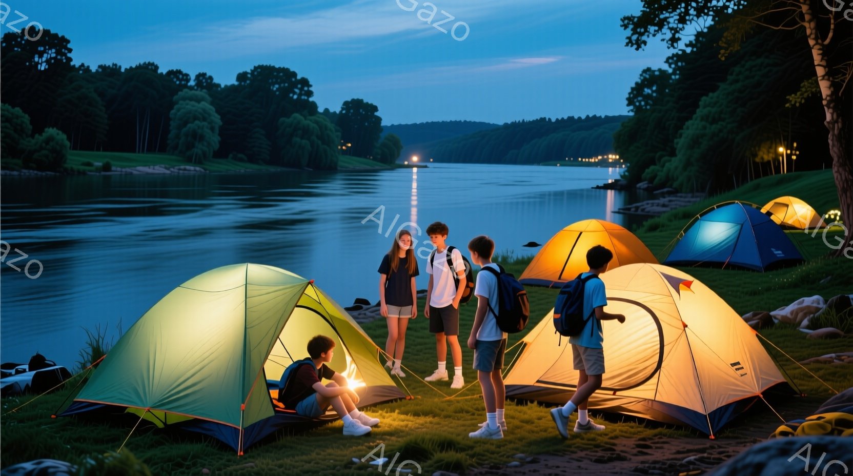 若者たちが夜のキャンプ場で集まっている様子が写っている。彼らはカジュアルな服装で、Tシャツと短パンを着用し、リュックサックを背負っている。背景には穏やかな川と緑豊かな森が広がり、数個のテントが設置され、キャンプファイヤーのような光がテント内から漏れているため、穏やかで親密な雰囲気が漂っている。