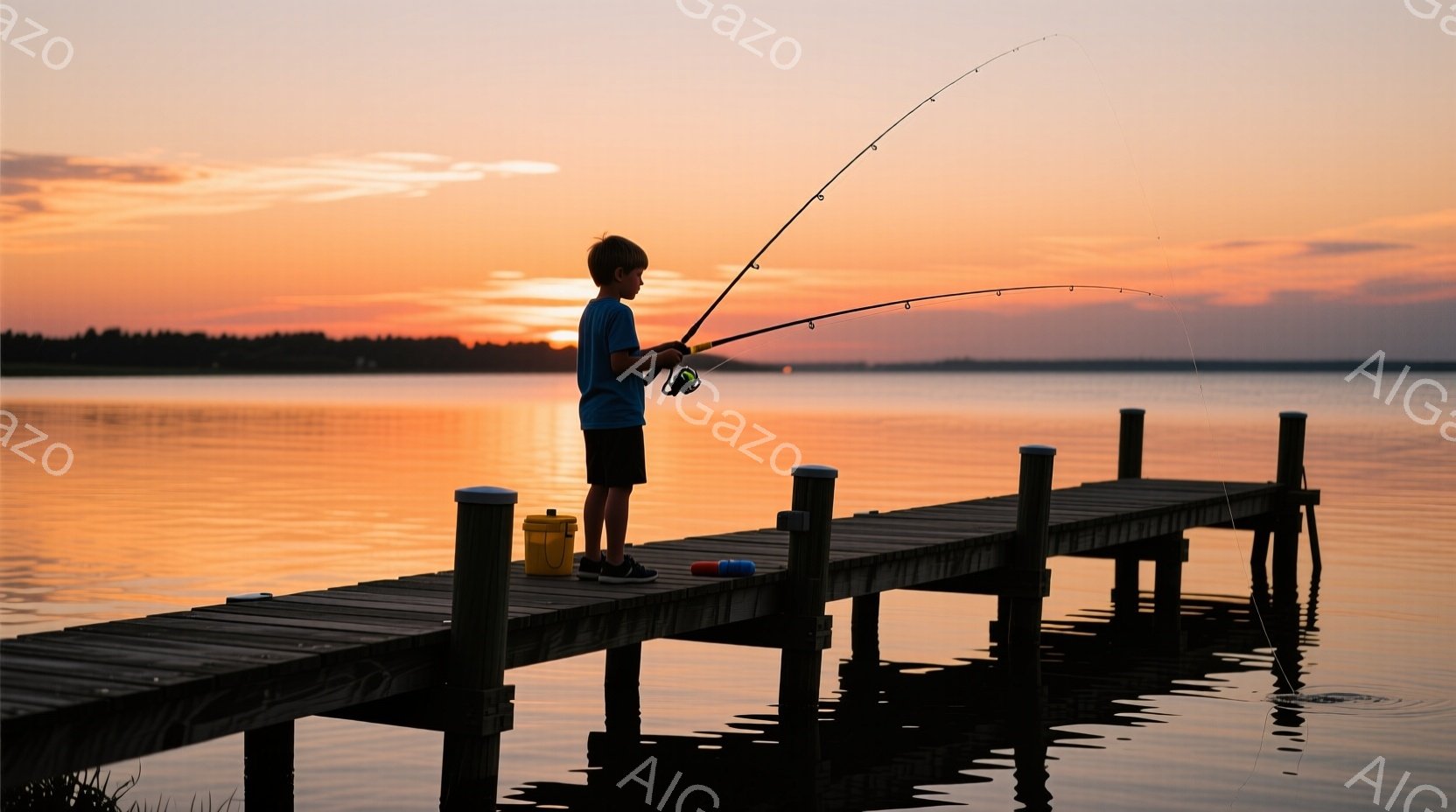 夕焼けを背景に、桟橋で釣りをする少年がシルエットで描かれている。少年は青いシャツと短いズボンを身につけ、釣り竿を力強く握り、集中した表情で魚とのやり取りを楽しんでいるようだ。水面は穏やかで夕焼けを反射し、オレンジとピンクのグラデーションが美しく、静かで平和な雰囲気を醸し出している。