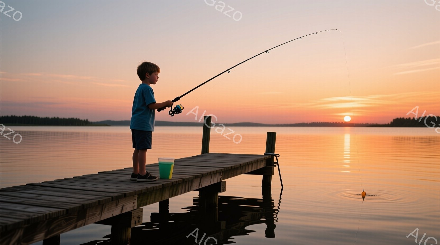 少年は桟橋の上に立ち、釣り竿を握って釣りをしている。彼は青いTシャツと黒いズボンを着用し、少しうつむき加減で集中した表情をしている。背景には夕焼け空が広がり、水面に反射してオレンジ色の光が輝き、穏やかで美しい雰囲気を醸し出している。