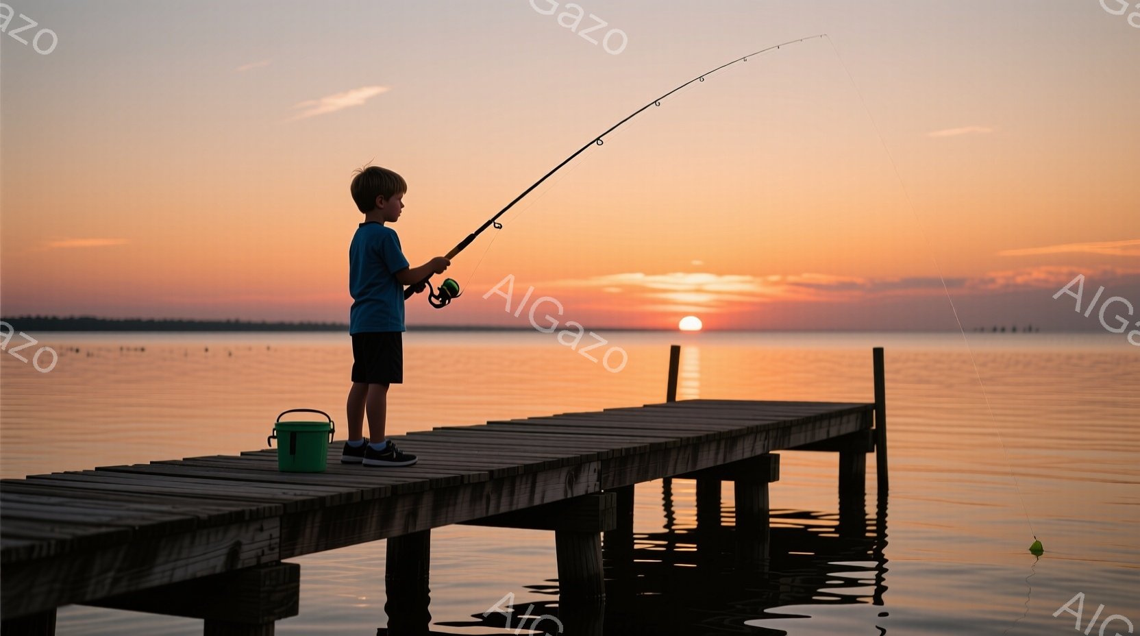 夕焼けに照らされた桟橋の上で、少年が釣り竿を持って立っている。青いTシャツと短パン姿で、黒い髪は短く切られている。穏やかな水面と遠くの緑の陸地が、静かで平和な雰囲気を醸し出している。