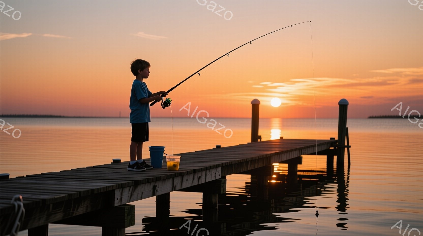 夕焼けに照らされた桟橋の上で、少年が釣り糸を操っている。彼は青いTシャツと黒いショートパンツを着用し、黒いスニーカーを履いている。穏やかな水面には桟橋と少年の姿が映り込み、背景の夕焼けが水面をオレンジ色に染め上げ、静かで穏やかな雰囲気を醸し出している。