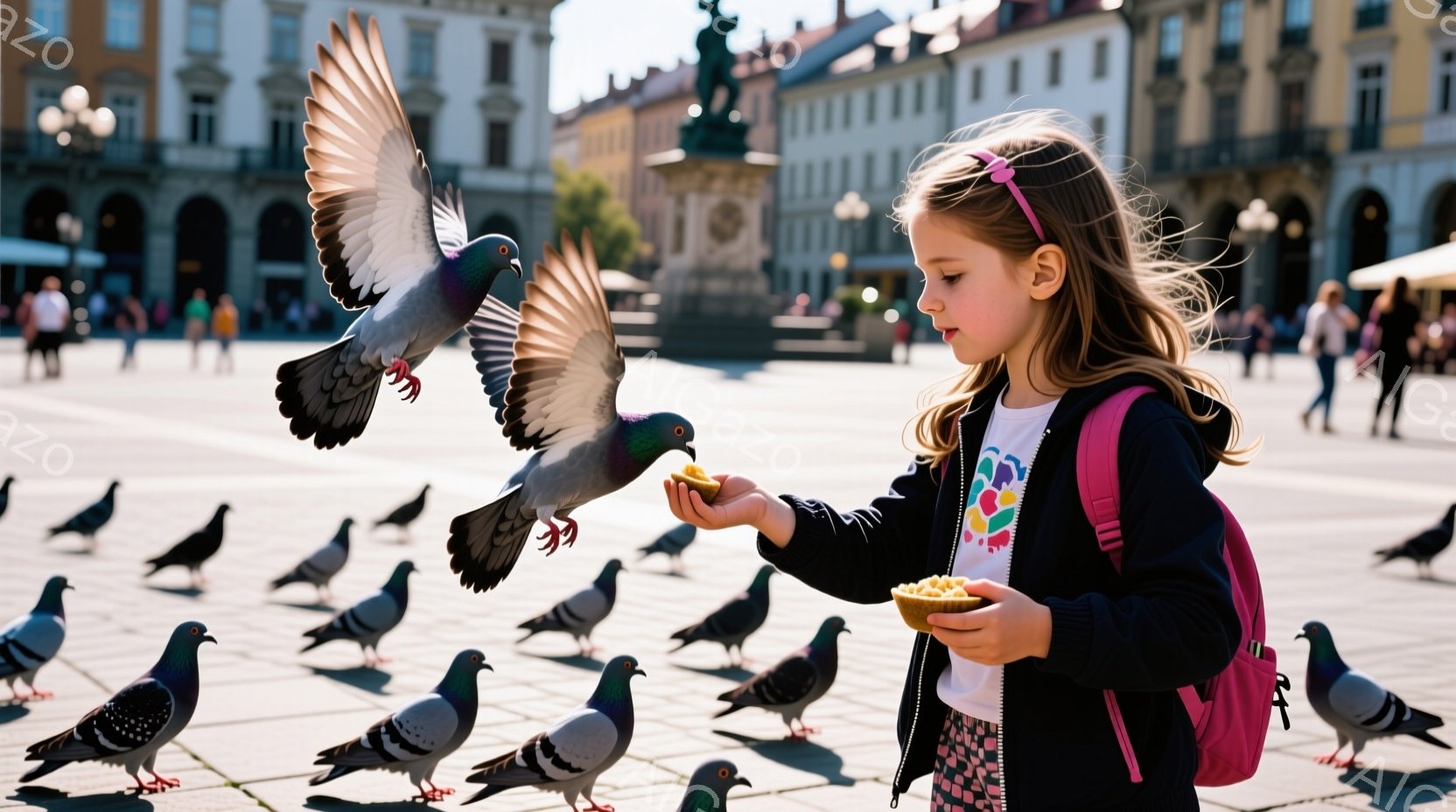 広場に立つ少女は、ピンクのバックパックを背負い、カラフルなプリントのTシャツとチェック柄のスカートを身につけている。彼女は手を差し出し、たくさんのハトに餌を与えており、その表情は穏やかで楽しそうである - AI生成フリー素材