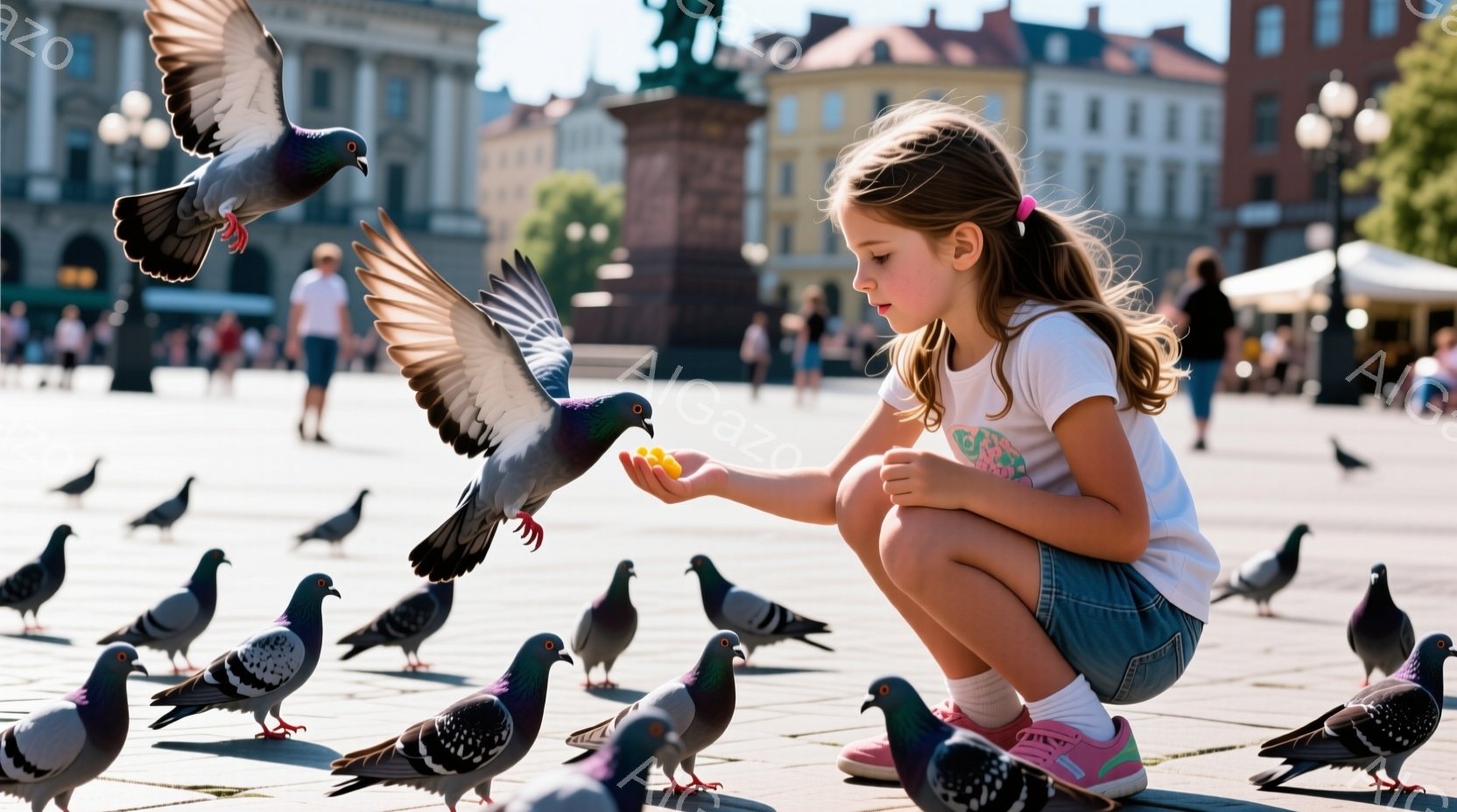 少女が広場にひざまずき、片手に餌を広げ、鳩たちに餌付けをしている様子が写っている。彼女は明るい色のTシャツとデニムのショートパンツを身に着け、髪は後ろで結んでいる。背景には歴史的な建物が並び、晴天の下、広場は多くの人で賑わっている。