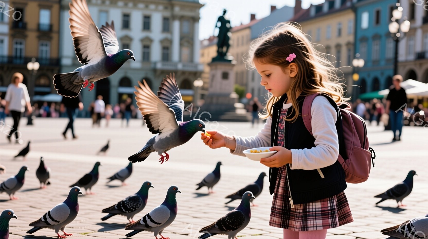 少女はチェック柄のスカートとベストを着て、公園でハトに餌をあげています。彼女は長い髪を後ろで結び、ピンク色のリボンをつけています。背景には石造りの建物や彫像が見え、晴天の下で多くの人々が楽しんでいます。