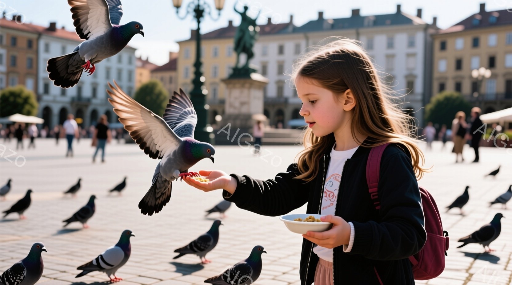 少女は広場でおそらくパンくずを手に差し出しており、何羽かの鳩がそれを求めて飛び立とうとしている。彼女はピンク色のスカートと黒いカーディガンを着ており、リュックサックを背負っている。背景には歴史的な建物が立ち並び、晴れた空の下、賑やかな広場の雰囲気を感じさせる。