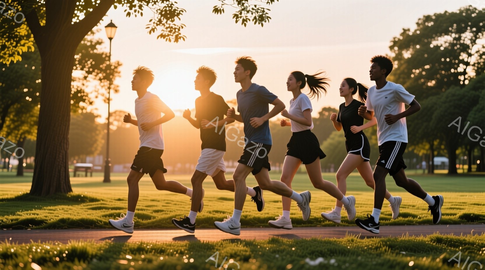 5人の若者が公園の道を走っている。彼らは皆スポーツウェアを着ており、白または黒のトップスとショーツまたはレギンスを履いている。背景には緑豊かな木々と夕焼けが広がり、活気に満ちた雰囲気を作り出している。