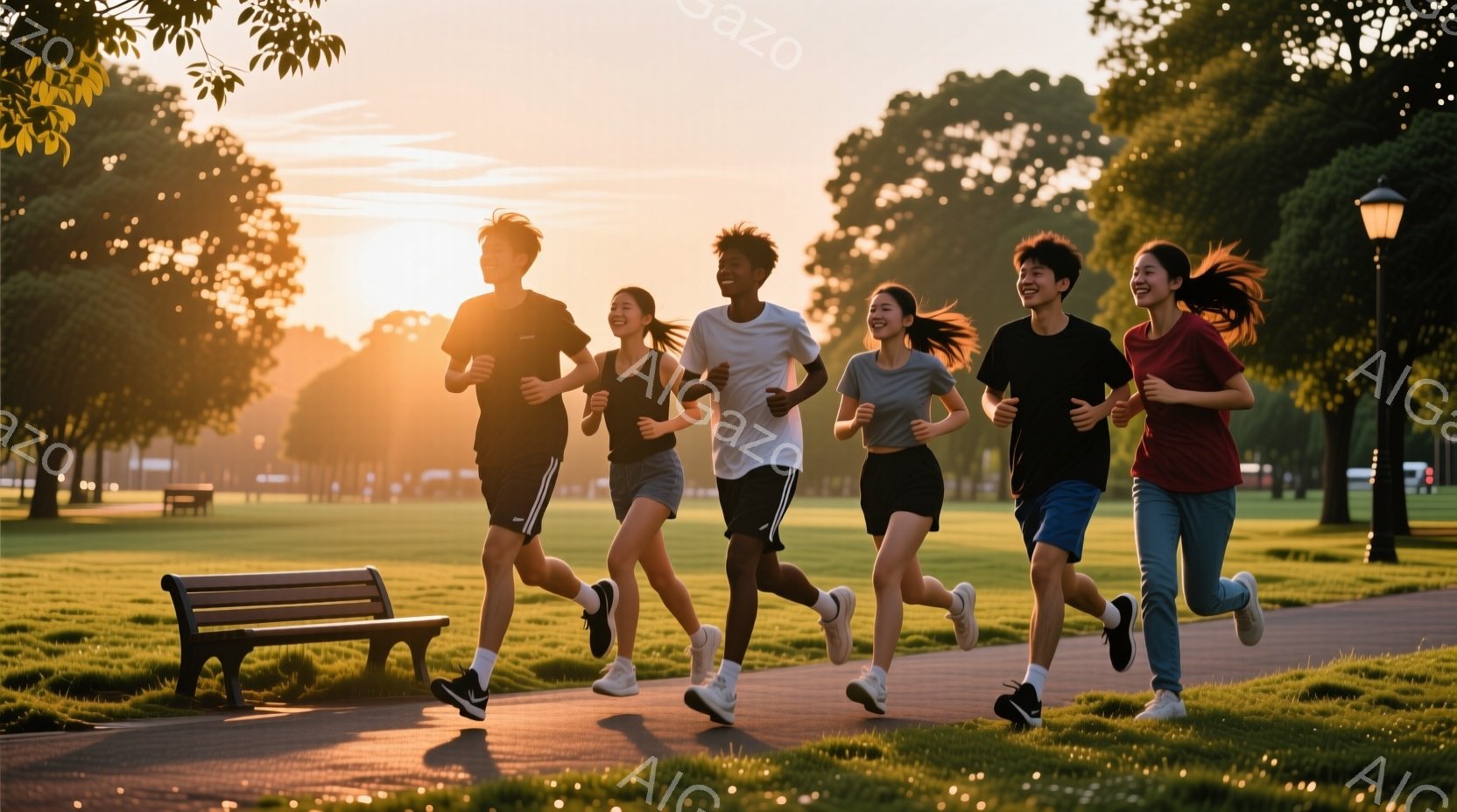 五人の若者が公園の道を走っている。彼らは皆、スポーツウェアとスニーカーを身に着け、リラックスした表情で前を見据えている。背景には緑豊かな木々、芝生、そして夕焼け空が広がり、活気があり健康的な雰囲気を醸し出している。