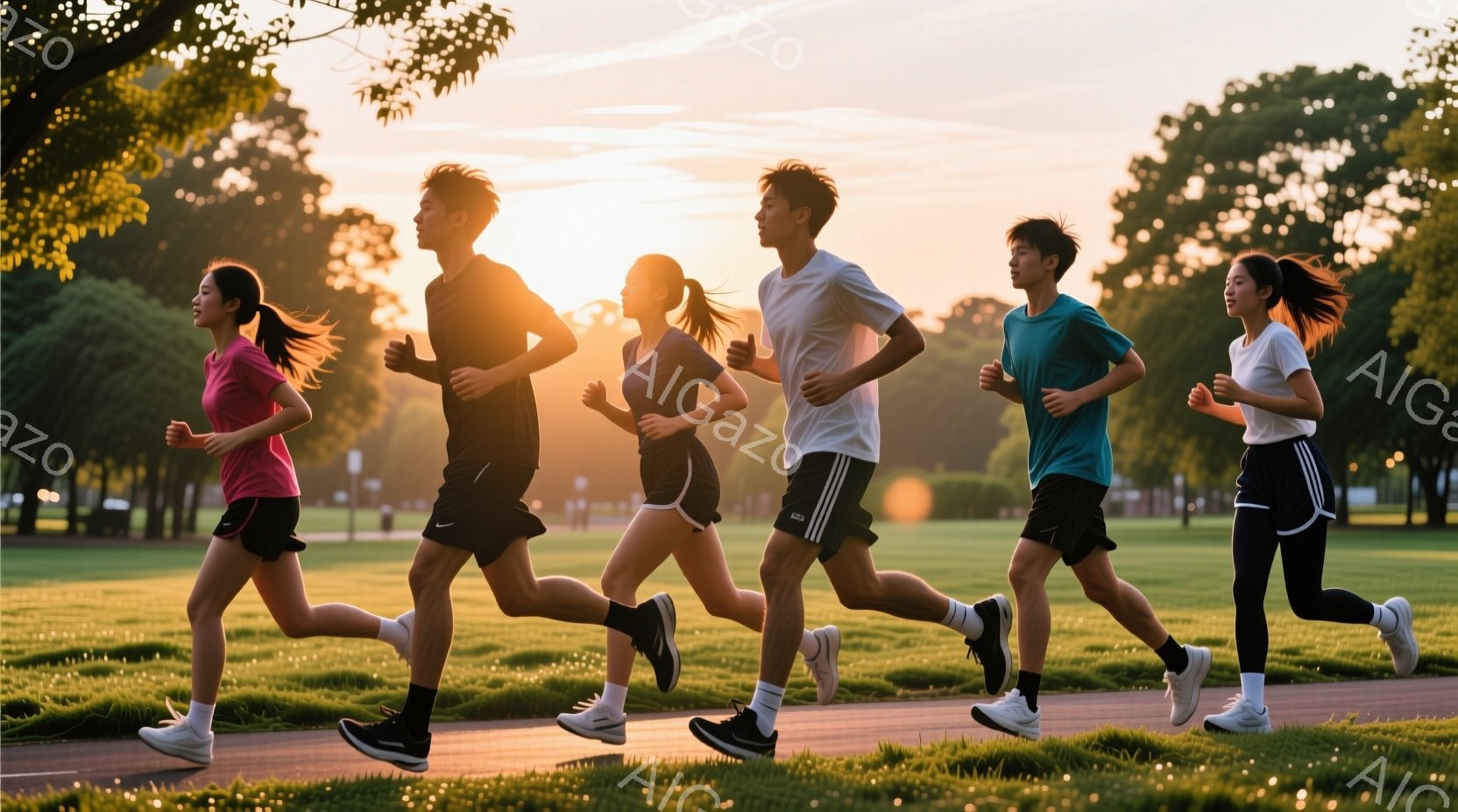 5人の人々が公園の舗装道を走っている様子が写されている。彼らは皆スポーツウェアを着用し、活発に前進しており、それぞれ異なる色の服とヘアスタイルをしている。背景には緑豊かな木々が広がり、夕焼けのような暖かい光が差し込み、爽やかでエネルギッシュな雰囲気を醸し出している。